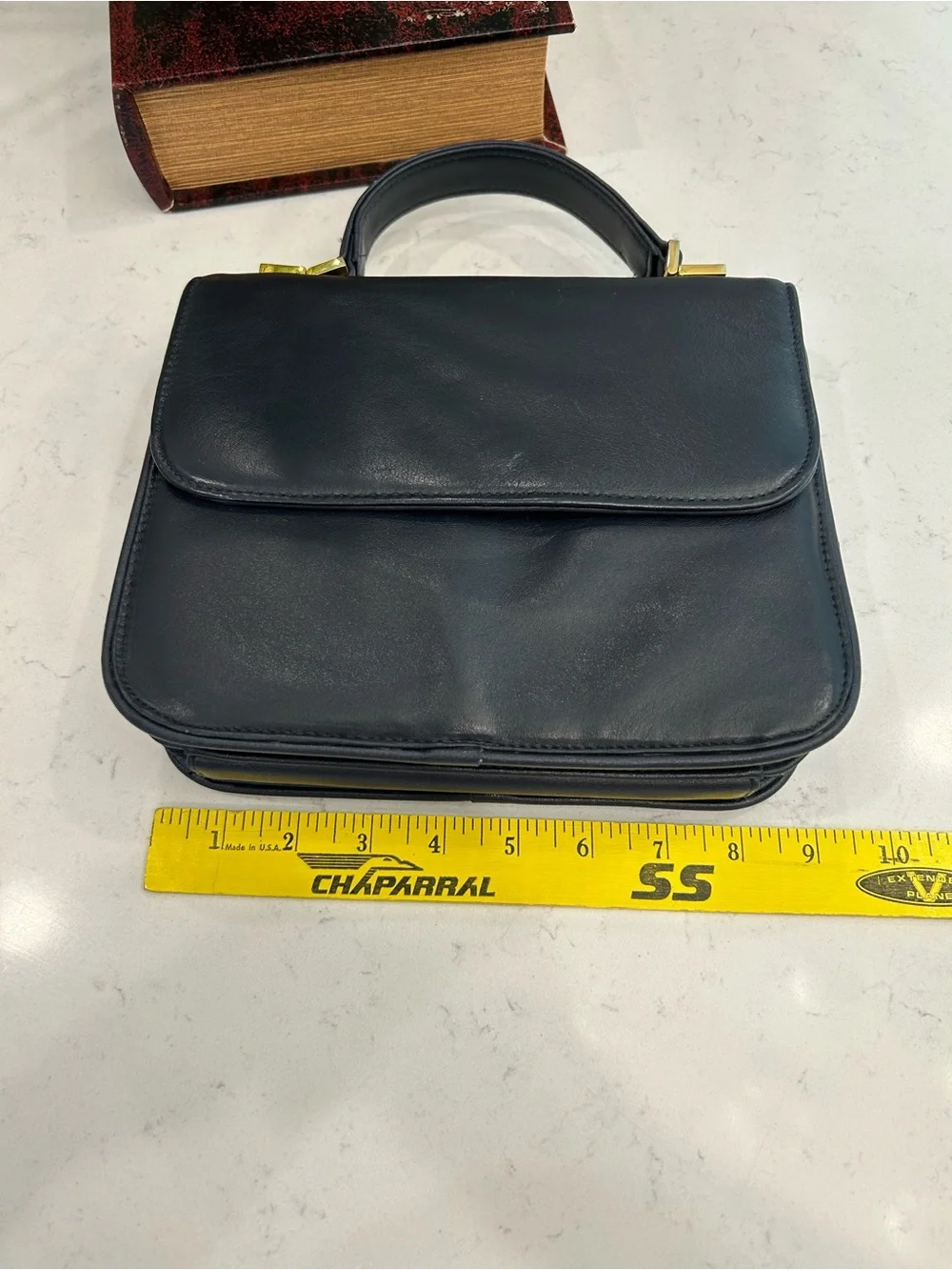 Vintage Structured Navy Leather Bag with Top Handle